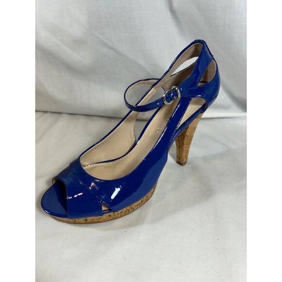 Franco Sarto Sulu Blue Patent Peep Toe Cork Heels Ankle Strap Shoes Women 8 - Picture 3 of 12